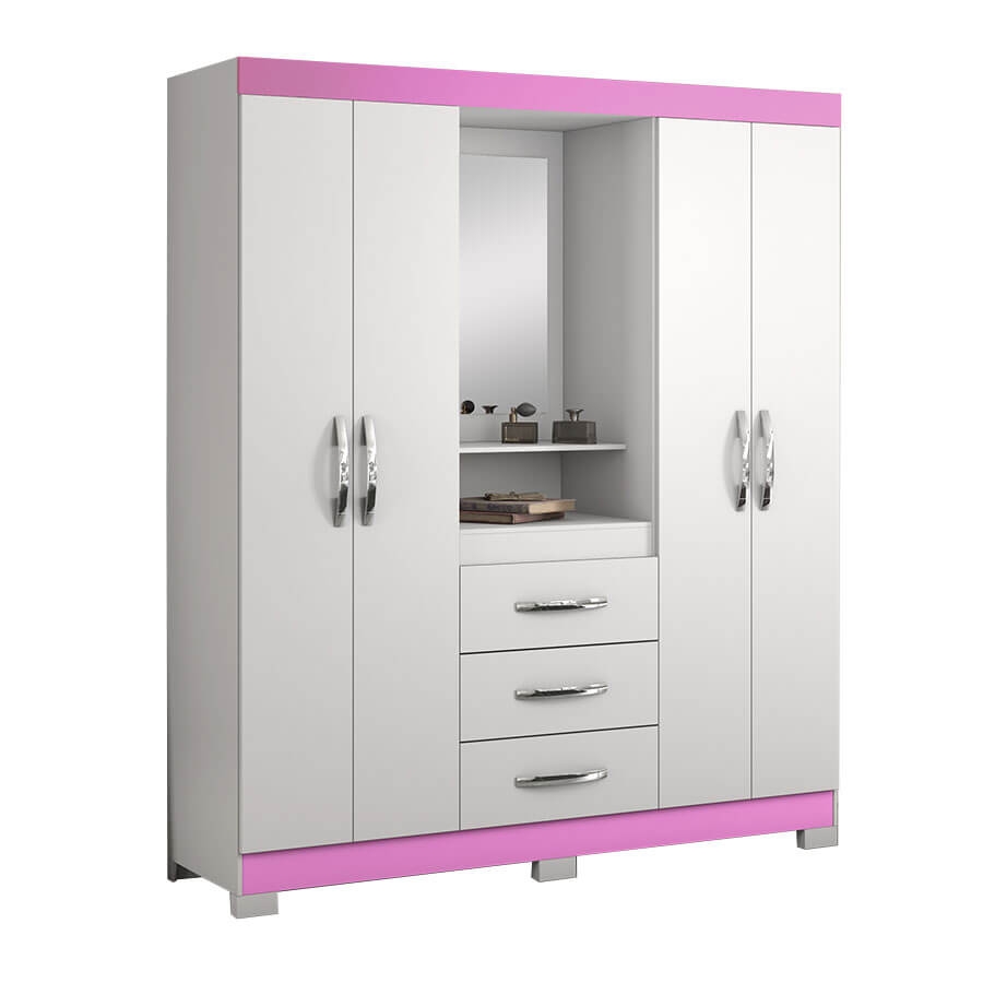 ROPERO 4 PUERTAS 3 CAJONES CON ESPEJO PUERTAS CAPELINHA NT5015 NOTAVEL BLANCO|ROSA