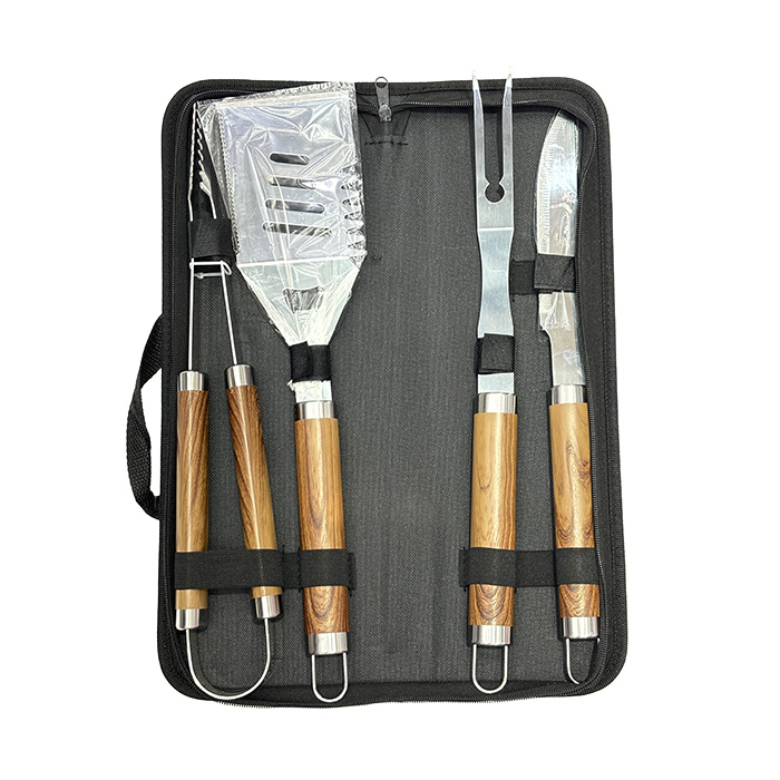 SET PARRILLA X4 PIEZAS ACERO INOX MADERA